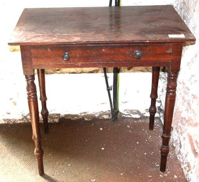 Victorian pine side table, original grained paint, single drawer, turned legs