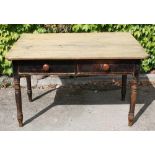 Victorian pine kitchen table with two drawers, scrubbed top and old dark varnish finish to base