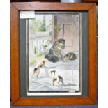 Louis Wain coloured print of collie and terriers, framed and glazed 1910