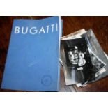 A vintage Bugatti car brochure featuring racing cars, saloons etc, in German, and a small quantity