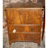 Early 19thC commode, flame mahogany veneers and original turned handles