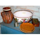 4 pieces of slip ware, decorated wooden box, large bowl - a lot
