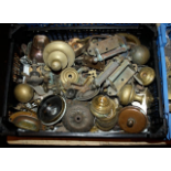 Quantity of antique brass escutcheons, tray handles, finials, pulls, knobs etc