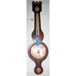 Early 19th C banjo barometer with thermometer, humidity dial and level