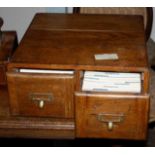 1920s oak card index cabinet with 2 filing drawers, brass label holders