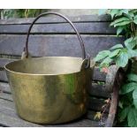 Large Georgian brass cauldron or preserve pan with wrought iron handle
