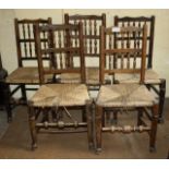 Lancashire Harlequin Set of 5 spindleback chairs circa 1800