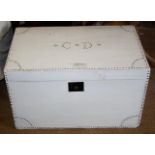 Old painted pine box with brass stud decoration and initials CD