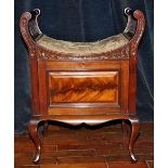 Fine late 19th C mahogany piano stool with locking sheet music compartment under