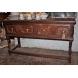 Antique oak dresser base with mitres mouldings to drawer fronts.