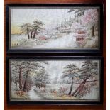 Pair of silk embroidered Oriental scenes. Framed and glazed