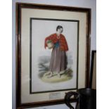 1845 lithograph of a dairymaid of clan MacNicol, framed and glazed