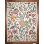 Victorian crewel work picture, garden flowers on a cream background, framed