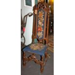 Late 17th C high back William and Mary chair with walnut frame and tapestry seat and back