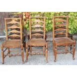 Set of six late 18th C high ladder back clisset chairs with turned front legs having pad feet