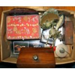Barbola mirror, brass fox head and tail door knocker, sewing box etc in box