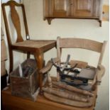 Oxford bar back arm chair (a/f legs detached), another chair and a pair of antique iron scales