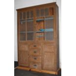 Antique kitchen cabinet, cupboards and drawers to base with glazed doors above - old scumbled paint