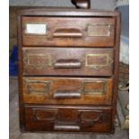 1920s oak card index cabinet with 4 filing drawers, brass label holders