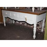 Victorian painted pine serving table with 3 drawers and knob handles