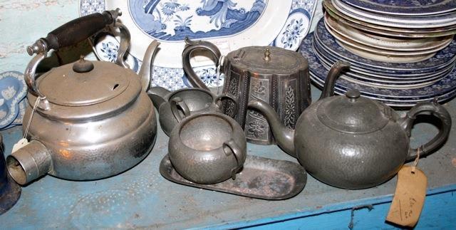 Presentation Victorian plated teapot, c1910 pewter tea service and vintage electric kettle