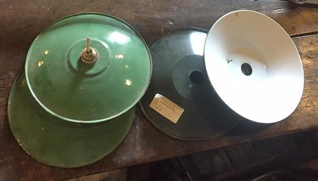 4 vintage enamelled lampshades in green and white
