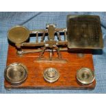 Victorian brass letter scales on original base containing weights ? engraved with letter rates