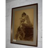 Framed and glazed antique print of semi clad curvaceous nymphette