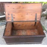 Victorian pine blanket box with candle compartment, old strap hinges and moulded top and plinth -