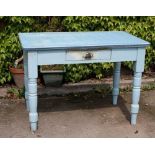 Painted Edwardian kitchen table with single drawer and turned legs.