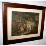 Antique coloured print of George Morland country people and animals framed and glazed