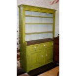 Old Irish pine dresser in distressed green, base with cupboards under three drawers