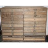 Bank of 20 pine specimen drawers for restoration