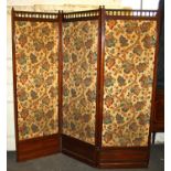 Large 3-fold red walnut screen with galleried top having its original floral woven fabric - two