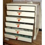Antique painted pine collector's chest of six drawers containing old coins, shells etc