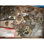 Large quantity of antique table bolts, wooden castors, Victorian glass knobs etc
