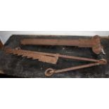 Pair of heavy iron antique hinges and iron chimney crook