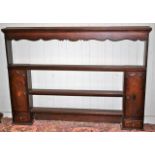 Antique oak dresser rack with side cupboards and small drawer under each