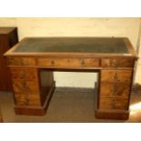Late 19thC kneehole desk, walnut veneered, original brasses, 9 drawers