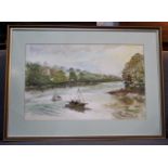 Water colour signed P. Langworthy of sailing boats on river, framed and glazed
