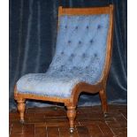 Victorian slipper chair - blue deep-buttoned fabric, oak frame, on castors