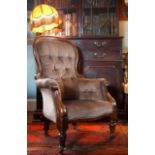 Victorian buttoned, spoon back library chair