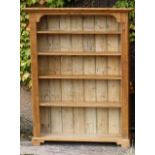Stripped pine bookcase with reeded sides on bracket feet: with full cornice and tongued and