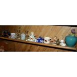 Contents of bottom shelf of pine dresser - assorted antique china, brass candlesticks etc - a lot