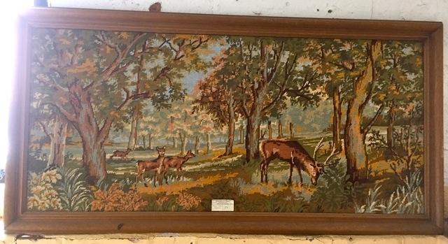 1960s? Tapestry of deer in forest.