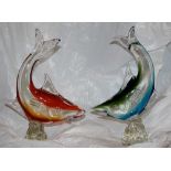 A pair of 1950's Italian Murano glass leaping fish - on top shelf of Lot 295