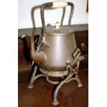 Victorian kettle on stand, handle and stand of wooden effect 'tree trunk' pattern