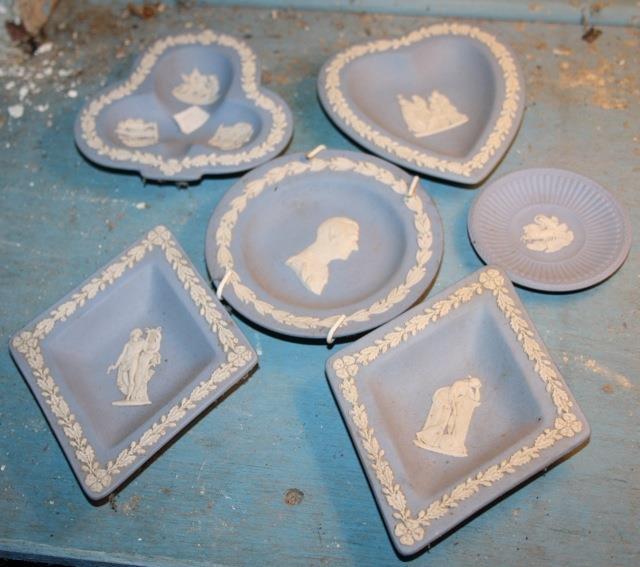 Six small blue Wedgewood Jasperware dishes