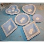 Six small blue Wedgewood Jasperware dishes