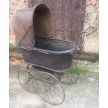 Victorian pram - c1880 baby carriage. Partially wood construction with woven wire and brass